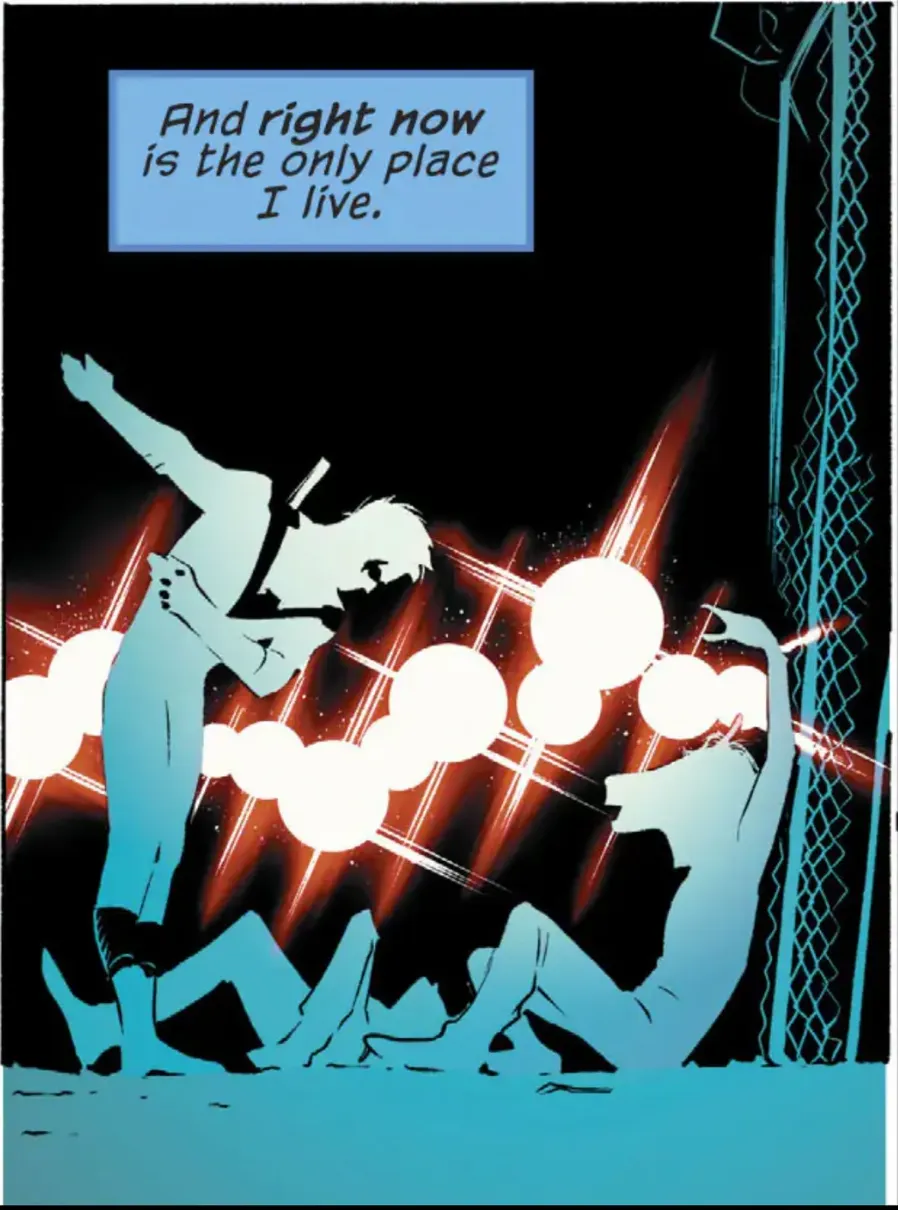 Nightwing in motion, silhouetted in blue against red and white lights. The caption reads: ‘And right now is the only place I live.’