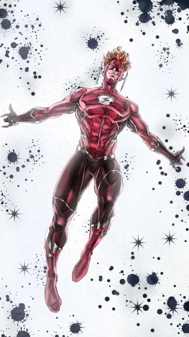 The Flash floating against an ink-splattered background