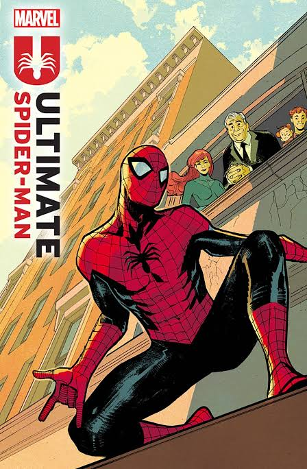 Ultimate Spider-Man crouching on a building