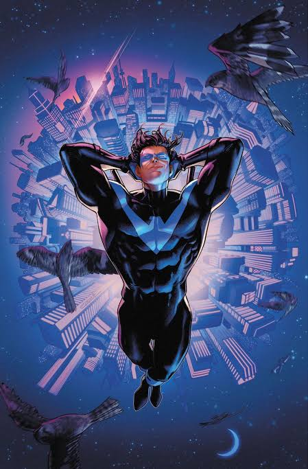 Nightwing floating above a city beneath a purple sky, surrounded by birds