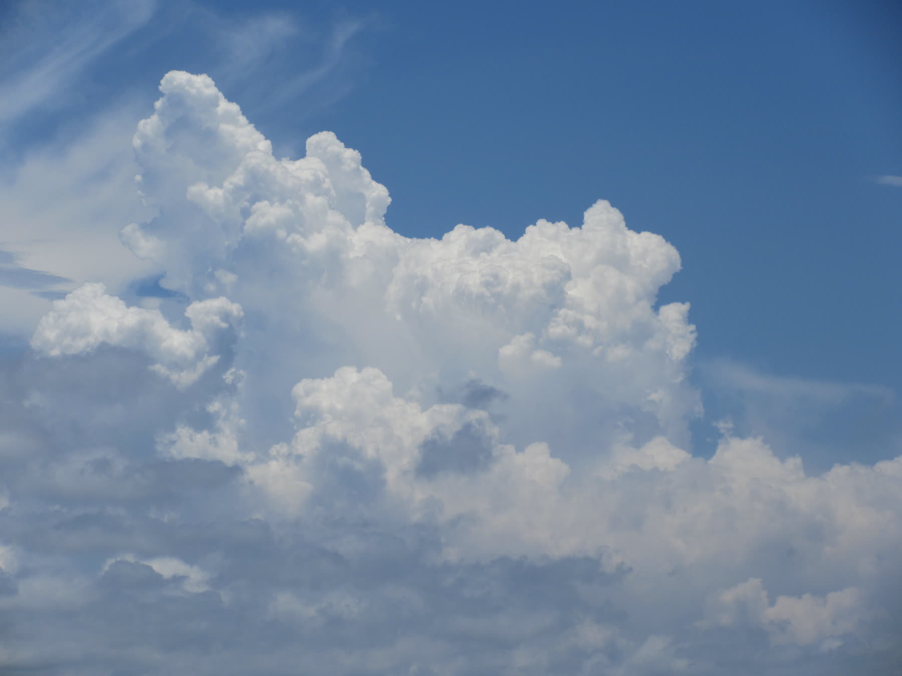 Towering white cumulus clouds against a deep blue sky.